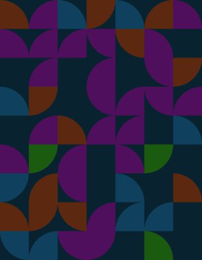 Bauhaus stilinden esinlenerek çarpıcı bir geometrik desen keşfedin, koyu renkler ve pürüzsüz şekiller, modern tasarım uygulamaları için mükemmel.