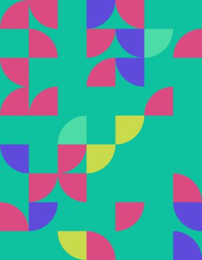 Bauhaus stilinden esinlenerek, cesur renkler ve dinamik şekiller içeren canlı bir geometrik desen keşfedin. Modern tasarım projeleri ve arka planlar için ideal.