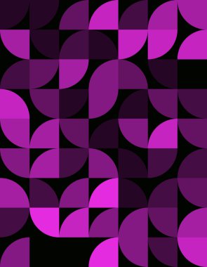 Bauhaus tarzında canlı bir geometrik desen keşfedin, koyu mor ve siyahların olduğu. Bu soyut tasarım çeşitli yaratıcı projeler için modern estetik bir mükemmellik sunar..