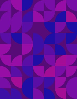 Bauhaus stilinden esinlenerek dinamik şekiller ve zengin mor tonlardan oluşan canlı bir geometrik desen keşfedin. Modern tasarım projeleri için mükemmel.
