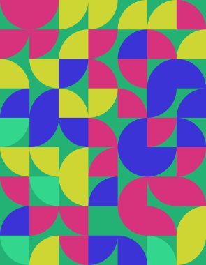 Bu canlı geometrik desen Bauhaus stilinden esinlenerek modern tasarım projeleri ve sanatsal arka planlar için mükemmel cesur şekiller ve renkler içerir..