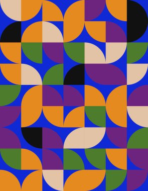Bauhaus stilinden esinlenilmiş bu canlı geometrik deseni keşfedin. Mavi, turuncu, yeşil ve mor renkli cesur renkler, yaratıcı projeler için idealdir..