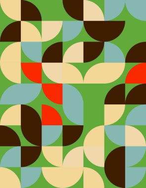 Bauhaus stilinden esinlenerek renkli ve şekilli canlı bir geometrik desen keşfedin. Modern tasarım projeleri ve sanatsal gösterimler için ideal.