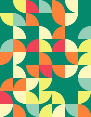 Bauhaus stilindeki bu canlı geometrik desen, çeşitli sanatsal uygulamalar için göz alıcı bir tasarım yaratan renkli dairesel şekiller içerir..