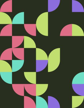 Bu soyut geometrik desen, Bauhaus tasarım ilkelerinden esinlenerek canlı renkler ve şekiller içerir. Modern sanat eserleri arka planlar ve daha fazlası için mükemmel..