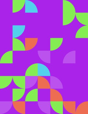 Bauhaus tarzından esinlenilmiş canlı bir geometrik desen keşfedin, mor arka planda renkli şekiller, modern dekor ve sanatsal projeler için mükemmel.
