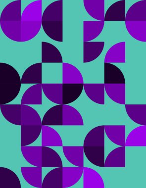 Bu canlı geometrik desen, modern Bauhaus tarzını yansıtan çeşitli şekilleri mor ve deniz mavisi ile birleştirir. Arkaplan ve dekor projeleri için mükemmel.