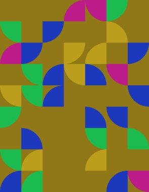 Bauhaus 'un etkisini yansıtan canlı bir geometrik desen keşfedin, cesur renkler ve şekiller içerir. Modern dekor ve yaratıcı tasarım projeleri için ideal.