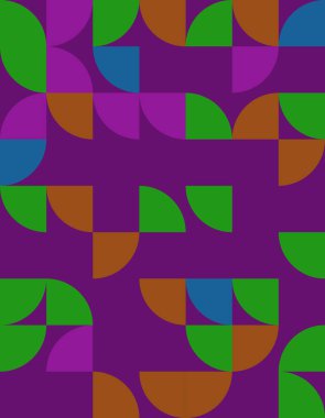 Bauhaus stilinden esinlenerek renkli şekiller ve göz alıcı görsel bir deneyim yaratan modern tasarım elementleri içeren canlı bir geometrik desen keşfedin..