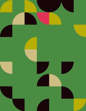 Bauhaus tarzında soyut bir geometrik desen keşfedin. Bu canlı tasarım çeşitli şekiller ve renkler içerir, modern estetik için mükemmeldir..