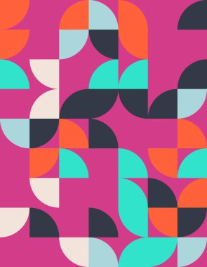 Modern dekor ve grafik projeleri için ideal, kalın renkler ve farklı şekiller içeren Bauhaus tarzından esinlenilmiş geometrik bir desen keşfedin.