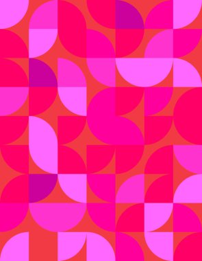 Bu canlı geometrik desen Bauhaus tarzında cesur şekiller ve renkler sergiliyor, modern tasarım projeleri veya yaratıcı arka planlar için mükemmel..