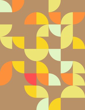 Bu geometrik desen, Bauhaus tarzını yansıtan sıcak ve serin renklerin uyumlu bir karışımını sergiliyor. Tasarım, modern dekor veya sanatsal projeler için mükemmel görsel ilgi ve denge yaratan çeşitli şekillere sahiptir..