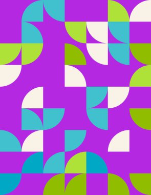 Bauhaus stilinden esinlenilmiş canlı renkler ve şekiller içeren dinamik geometrik bir desen keşfedin. Bu soyut tasarım modern estetik ve yaratıcılığı yakalar..