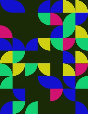 Bu canlı geometrik desen Bauhaus stilinden esinlenmiş cesur soyut şekillere sahiptir. Renklerin dinamik kullanımı görsel ilgi ve sanatsal cazibe yaratır.