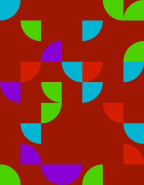 Bauhaus stilinden esinlenen bu canlı geometrik deseni keşfedin. Zengin bir zemin üzerinde renkli şekiller barındıran bu tasarım, sanatsal projeler için idealdir..