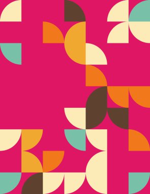 Bu resim, Bauhaus stilinden esinlenilmiş canlı bir geometrik desen içeriyor. Renkli şekilleri ve şekilleri modern tasarım için mükemmel, koyu pembe bir arka planda sergiliyor..