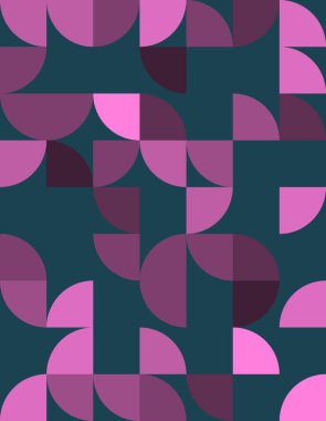 Bauhaus tarzını mor ve pembenin canlı tonlarıyla kucaklayan soyut bir geometrik desen keşfedin. Modern tasarım projeleri ve sanatsal altyapılar için mükemmel.