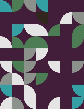 Bauhaus stilinden esinlenerek renkli şekiller ve kıvrımlar içeren canlı bir geometrik desen keşfedin. Çağdaş tasarım projeleri ve sanatsal ifadeler için mükemmel..