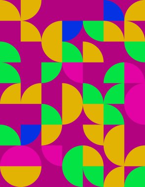 Canlı geometrik desen Bauhaus stilinden esinlenerek renkli şekiller ve oyuncu bir düzenleme içerir. Arkaplan ya da tasarım projeleri için mükemmel.