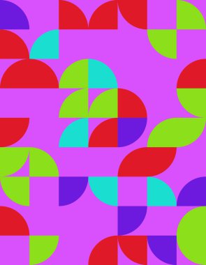 Canlı renkler ve Bauhaus tasarımından esinlenilmiş soyut şekiller içeren, modern sanat, tekstil ve duvar kağıtları için mükemmel dinamik bir geometrik desen..