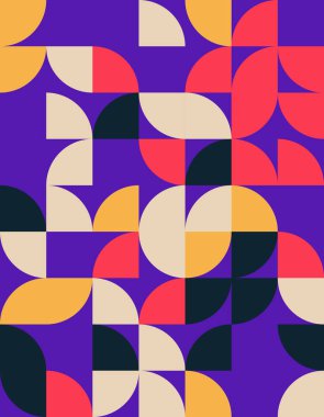 Renkli geometrik desen Bauhaus tarzından esinlenerek, cesur şekiller ve canlı bir renk paleti içerir. Modern tasarım projeleri için mükemmel.