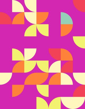 Bauhaus stilinden esinlenilmiş canlı ve soyut bir geometrik desen keşfedin. Bu tasarım modern sanat severler ve dekoratörler için mükemmel renkler ve şekiller içerir..