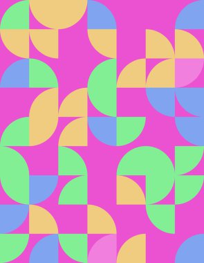 Bauhaus tarzından esinlenilmiş bu canlı geometrik deseni keşfedin, neşeli şekiller ve pembe bir arka planda yumuşak tonların ahenkli bir paleti.