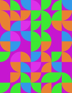 Bu canlı geometrik desen, Bauhaus tarzını modern bir tasarımda yansıtan koyu renk ve şekillere sahiptir. Yaratıcı projeler veya arka planlar için ideal.