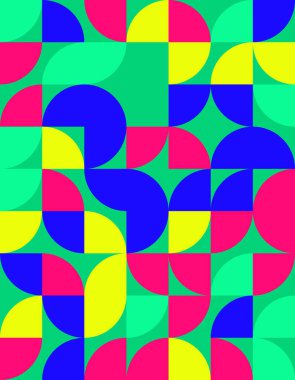Bu canlı geometrik desen Bauhaus stilinden esinlenerek modern tasarım projeleri, arka planlar ve sanat çalışmaları için mükemmel renkler ve şekiller içerir..
