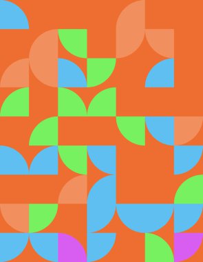 Bauhaus stilinde parlak geometrik desen renkli şekiller ve koyu turuncu bir arkaplan içerir. Modern tasarım projeleri ve yaratıcı uygulamalar için mükemmel..
