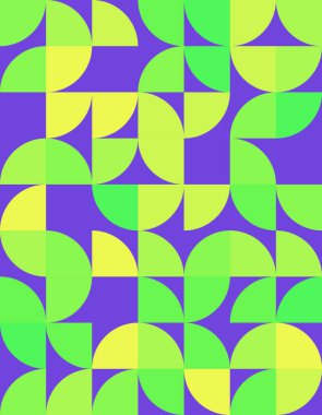 Bauhaus tarzı elementlerin taze yeşil ve mor renklerde, modern tasarım projeleri ve arka planlar için mükemmel olduğunu gösteren canlı bir geometrik desen keşfedin..