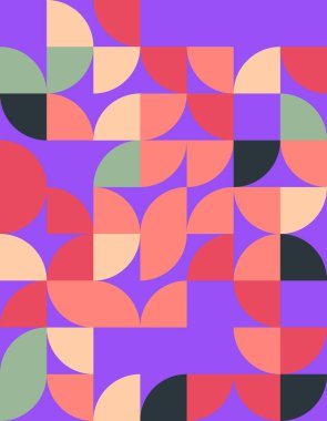 Bauhaus stilinden esinlenerek renkli şekiller ve şekiller içeren canlı bir geometrik desen keşfedin. Modern dekor veya grafik tasarım projeleri için ideal.