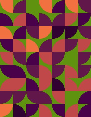 Bauhaus stilinden esinlenerek neşeli kıvrımlı şekiller ve kalın renkler içeren canlı bir geometrik desen keşfedin. Modern tasarım projeleri için mükemmel.
