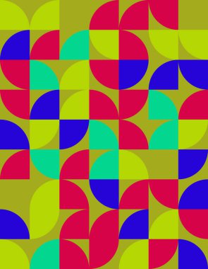 Bauhaus tarzından esinlenerek, cesur renkler ve dinamik şekiller içeren bu canlı geometrik deseni keşfedin. Modern dekorasyon ve yaratıcı projeler için mükemmel..