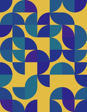 Bauhaus tarzında canlı bir geometrik desen keşfedin, neşeli sarı arka planda koyu mavi şekiller vardır. Modern tasarım projeleri için ideal.