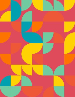 Bauhaus tarzında renkli şekiller içeren canlı bir geometrik desen keşfedin. Bu soyut tasarım, neşeli simetri ve modern sanatsal sanatları yakalar..