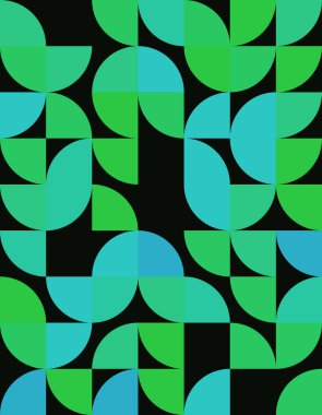 Bauhaus tarzında büyüleyici bir geometrik desen keşfedin. Mavi ve yeşil renkli canlı şekiller modern dekor için ideal koyu siyah arkaplana karşı..