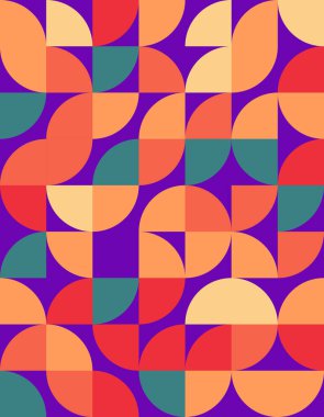 Bauhaus stilinden esinlenerek, cesur şekiller ve zengin renkler içeren canlı bir geometrik desen keşfedin. Modern tasarım projeleri ve arka planlar için mükemmel.