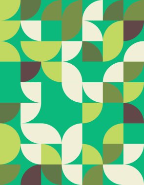 Bauhaus stilinden esinlenilmiş eşsiz bir geometrik desen tasarımı keşfedin, yeşil tonların ve dairesel şekillerin uyumlu bir karışımı, modern dekor için mükemmeldir..