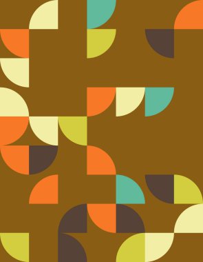Bauhaus tarzından esinlenilmiş canlı bir geometrik desen keşfedin, sıcak kahverengi arka planda renkli şekiller. Modern tasarım ve dekorasyon için mükemmel..