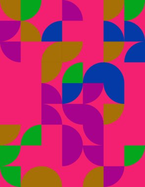 Bu canlı geometrik desen, Bauhaus estetiğinden esinlenerek kalın renkler ve dinamik şekiller içerir. Modern tasarımlar, arka planlar ve sanat projeleri için ideal.