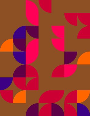 Bauhaus 'un tasarımından esinlenmiş canlı bir geometrik desen keşfedin. Bu renkli soyut sanat eserleri benzersiz şekiller, simetri ve modern estetik için mükemmel bir dinamik kompozisyon içerir..