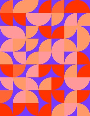 Bauhaus tarzından esinlenerek kırmızı, pembe ve turuncunun sıcak tonlarını içeren canlı bir geometrik desen keşfedin. Bu modern tasarım eşsiz bir görsel deneyim sunuyor..