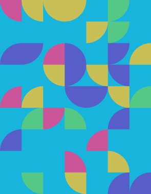 Bauhaus tarzından esinlenilmiş canlı bir geometrik desen keşfedin, koyu renkler ve mavi arka planda eşsiz şekiller. Modern tasarım uygulamaları için ideal.