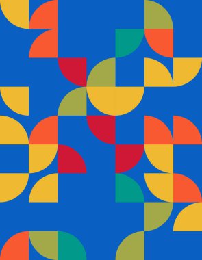 Bauhaus stilinden esinlenerek, cesur renkler ve benzersiz şekiller içeren canlı bir geometrik desen keşfedin. Modern tasarım projeleri ya da arka planlar için mükemmel.
