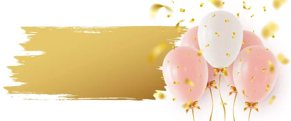 Růžové Bílé Heliové Balónky Padající Konfety Úder Zlaté Barvy Vlevo — Stockový vektor