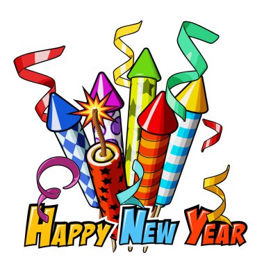 Mutlu yıllar mesajı, havai fişekler ve beyaz arka plana düşen konfeti. Tebrik kartı ya da web afişi için tasarım şablonu. Çizgi film tarzında vektör illüstrasyonu