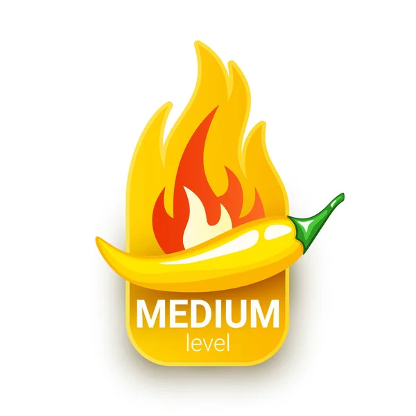 グリーンチリペッパーポッドと炎の後ろから 中程度の辛さや辛さのレベル ホットソースやその他の辛い食べ物のためのロゴデザイン — ストックベクタ