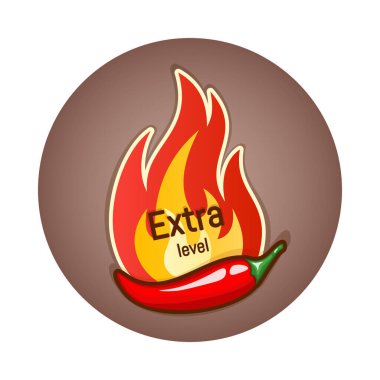 Red hot chili pepper pod and fire flame, badge or logo design. Extra spiciness level. Vector illustration clipart